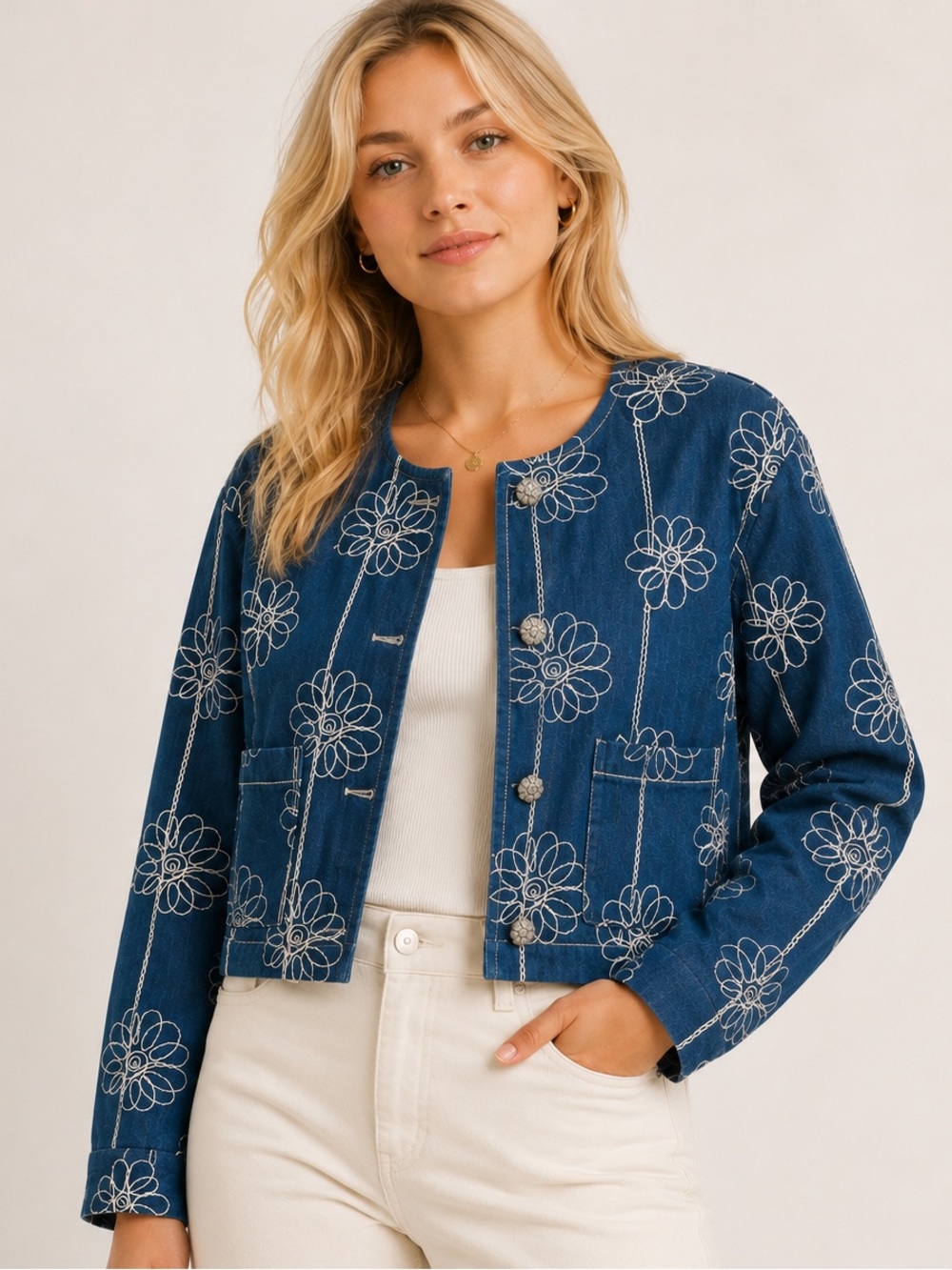 NWT Calypso St. Barth Floral Embroidered Denim Jacket Cropped Boho Chic